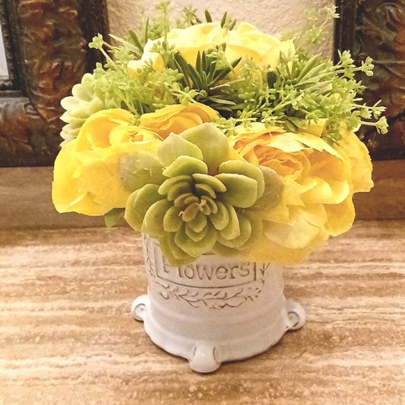 Luxury Home Decor Silk Roses & Aeoniums in White Base Floral Arrangement - Picture 2 of 14